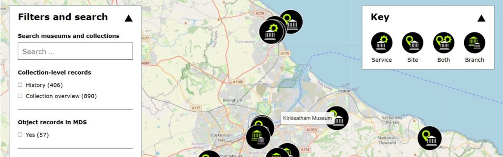 Detail of MDS map view of museums and collections data, showing search box and filters. Zoomed in to show Kirkleatham Museum.