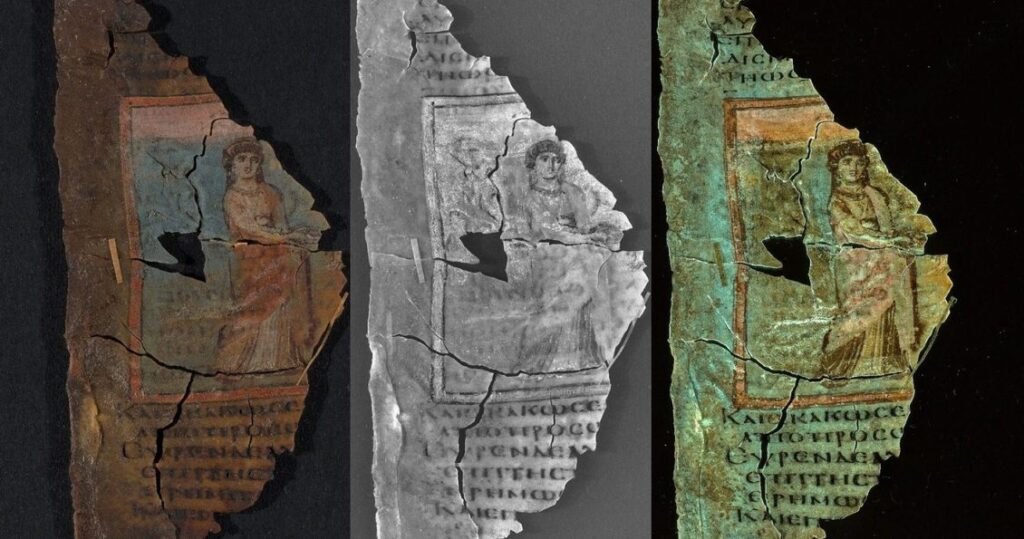 Three side-by-side images of a fragmented ancient manuscript page showing a seated figure within a decorative frame, displayed under different imaging techniques.