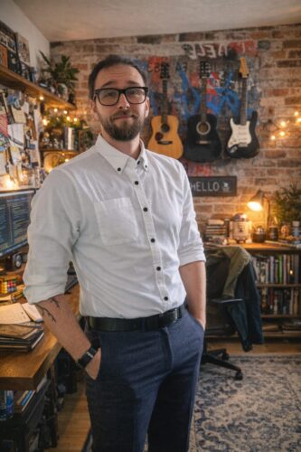 A young white man with black glasses and a beard stands in a room with guitars, books and computer monitors in the background